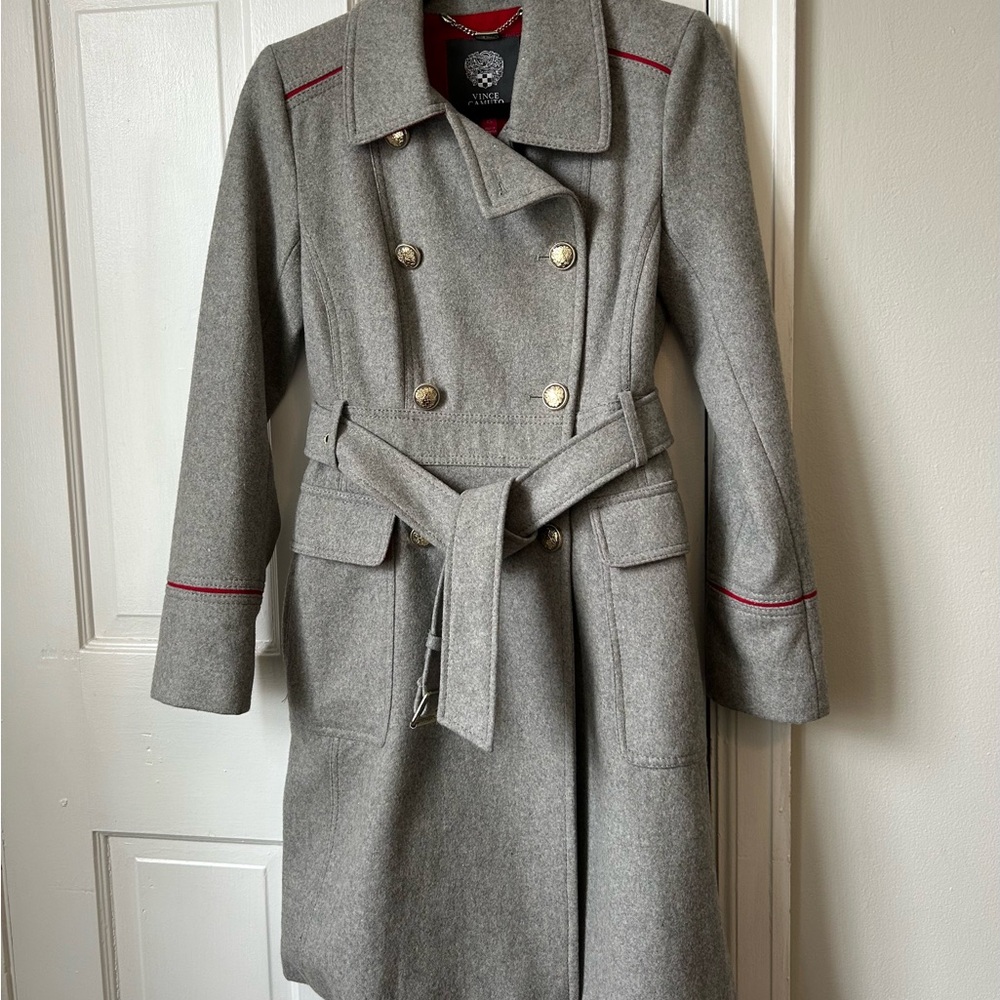 Vince Camuto Gray Trench Coat with Red Trim